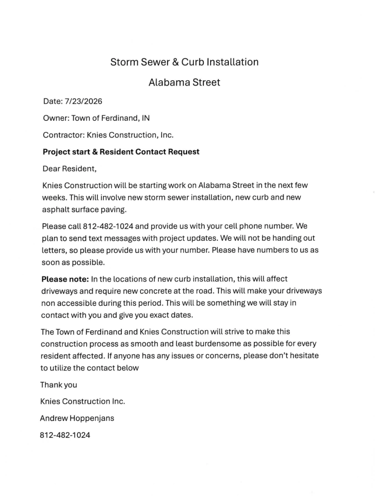 Storm Sewer Curb Installation Letter